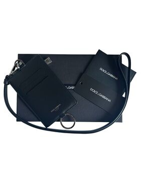 Dolce & Gabbana Black Calfskin Leather Lanyard Zip Card Holder Wallet Full Set